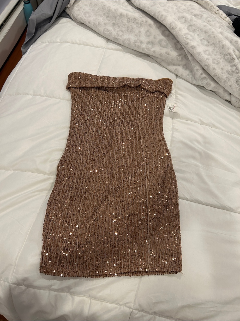 Strapless Sequin Knit Mini Dress in Brown
